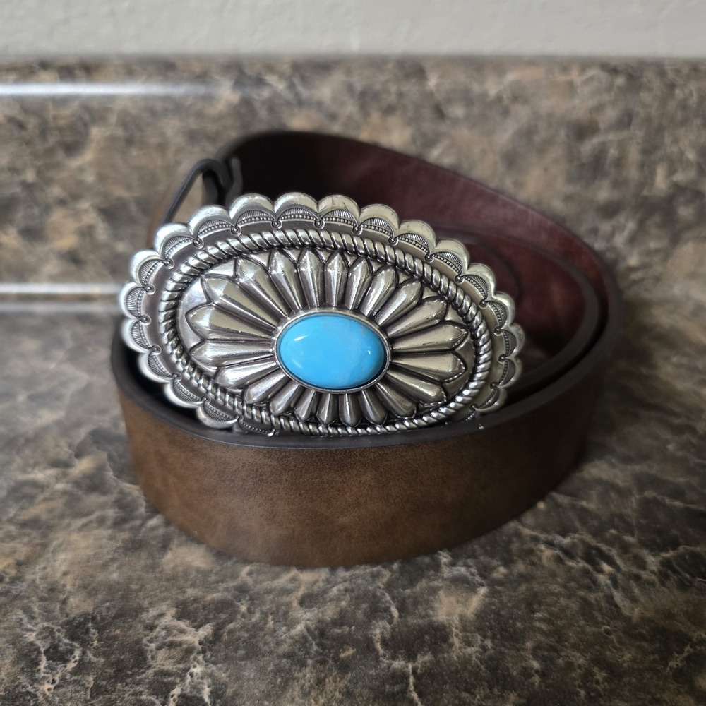 Ariat Womens Belt Brown Size Large Silver Western Buckle Turquoise
